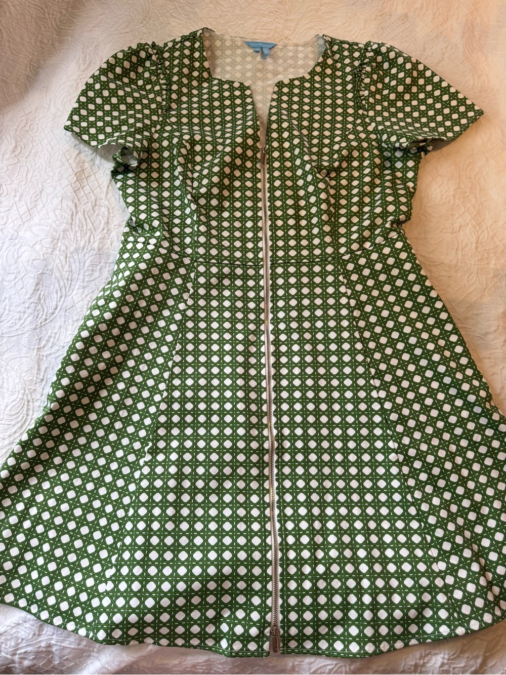 Draper James Dress Womens 14 Green White Geometric Print Zip Front Fit & Flare